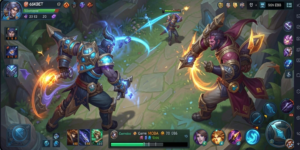 Screenshot utama 66KBET menampilkan aksi pertempuran yang mendebarkan di arena MOBA.