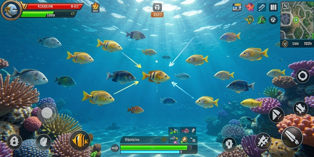 Tangkapan layar utama KO857 menampilkan aksi menembak ikan yang seru.