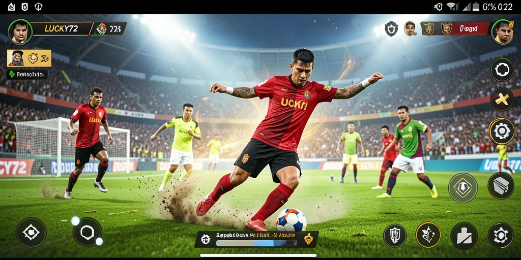 Screenshot gameplay LUCKY72 menampilkan aksi mendebarkan di lapangan sepak bola.