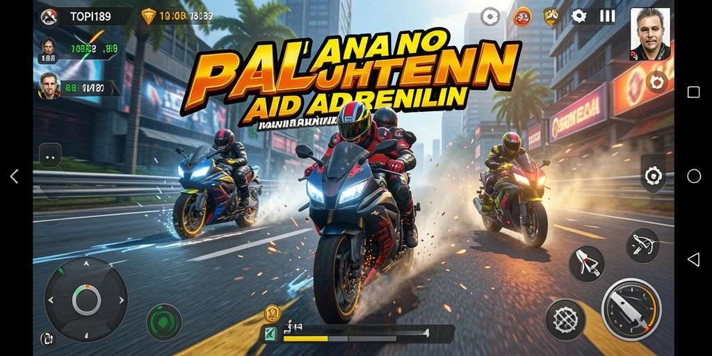 Screenshot gameplay menampilkan balapan motor yang mendebarkan.
